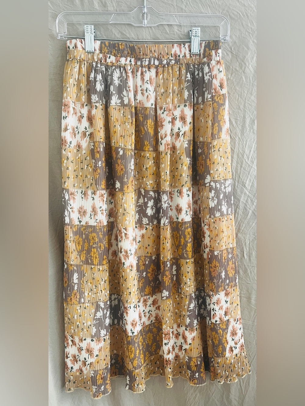 orange creek Pleated Patchwork Floral Maxi Skirt in Mustard, Taupe & White